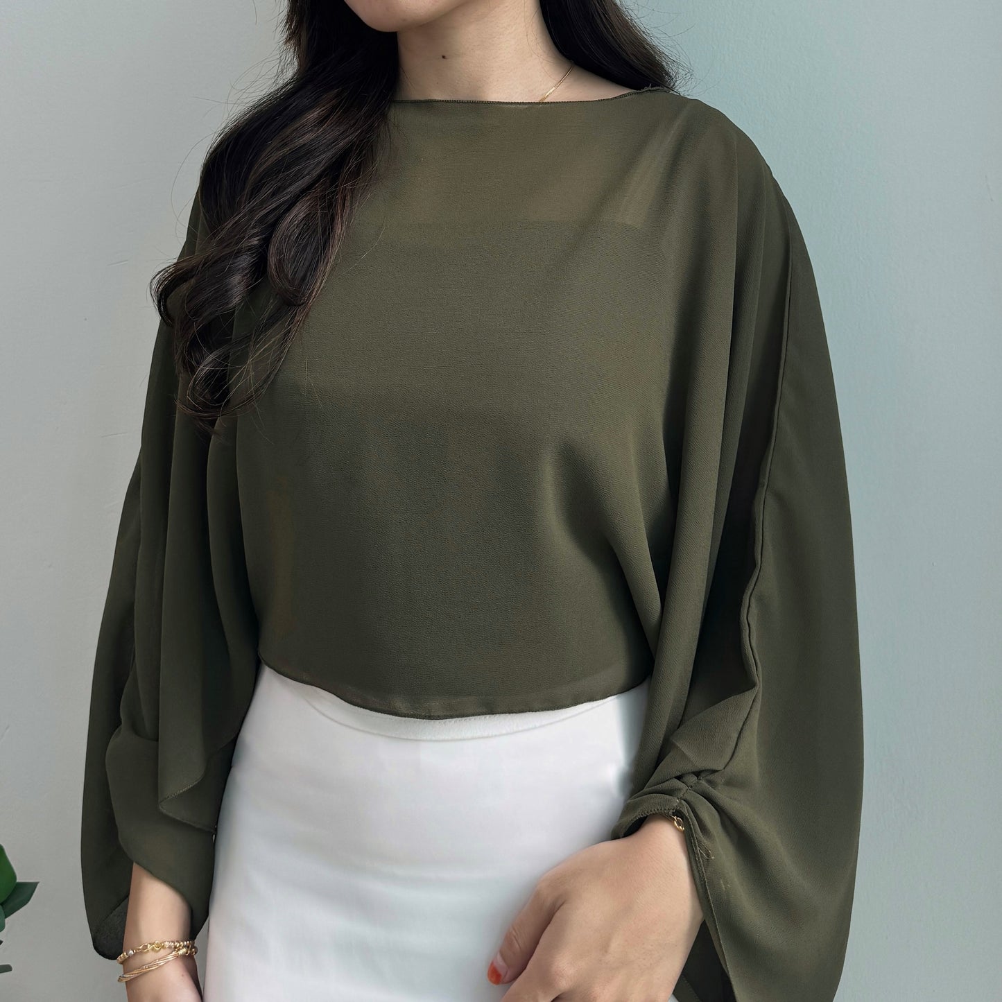 Flowy Chiffon Cape in Olive
